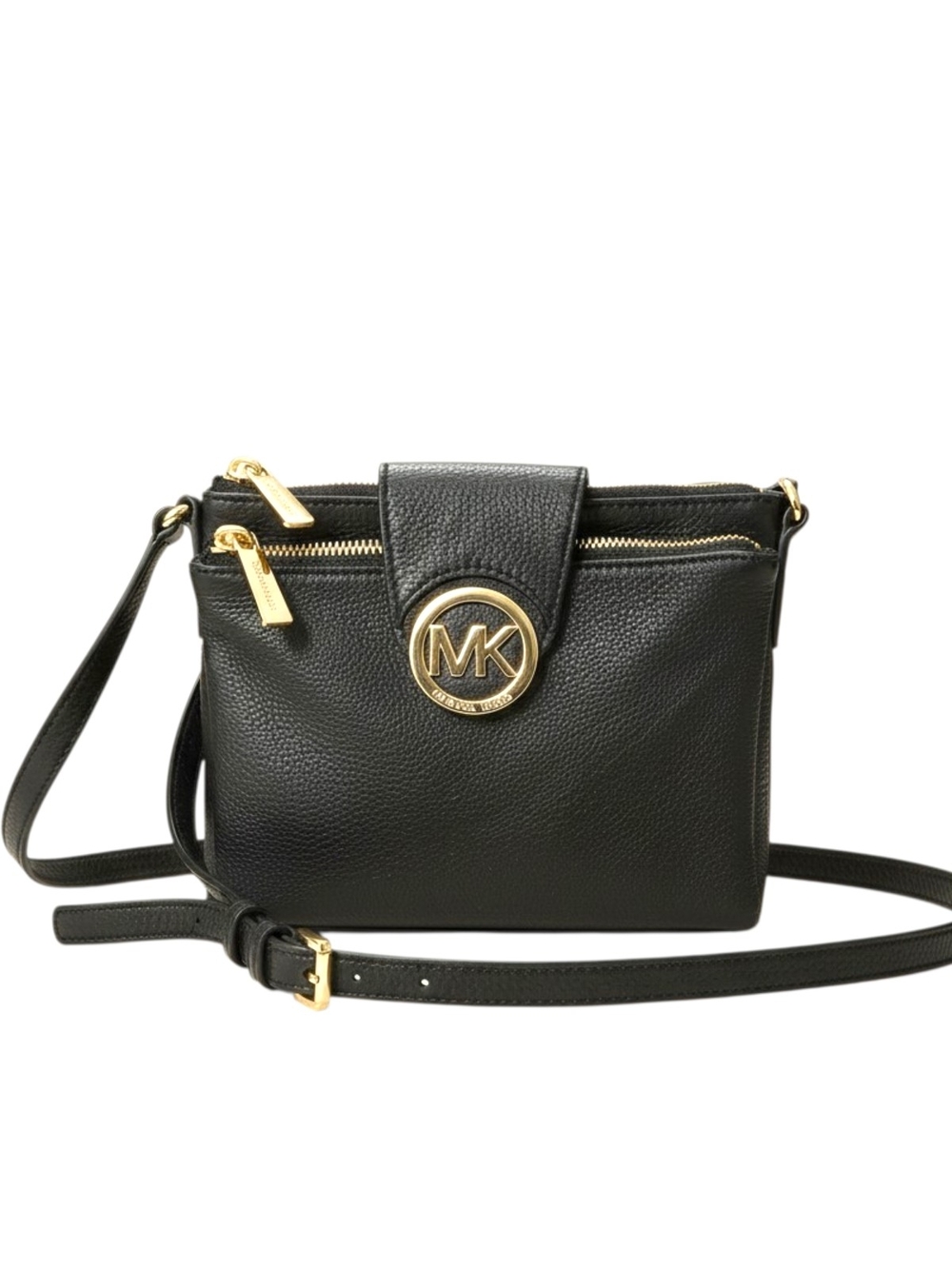 Michael Kors Fulton Double Zip Black Pebbled Leather Crossbody Bag Gold Hardware